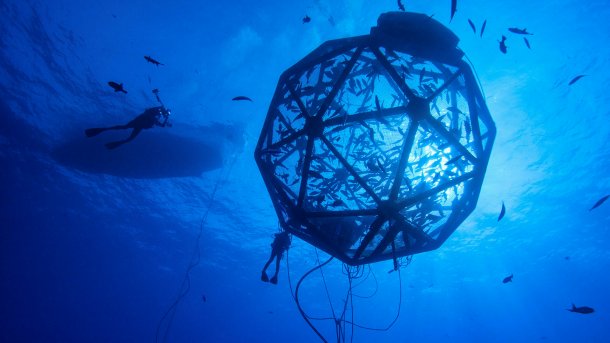 Das US-Unternehmen Ocean Era hat einen kugelförmigen Netzkäfig entwickelt, der frei in den Meereswirbeln bei Hawaii treibt. In den "Floating Pods" genannten Käfigen zieht Ocean Era den Raubfisch Kona kampachi auf. , Rick Decker