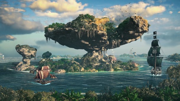 Spielszene: Insel, mehrere Schiffe, eines davon ein Piratenschiff