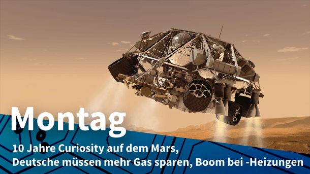 Darstellung der Curiosity-Landung auf dem Mars; Text: MONTAG 10 Jahre Curiosity auf dem Mars, Deutsche müssen mehr Gas sparen, Boom bei -Heizungen