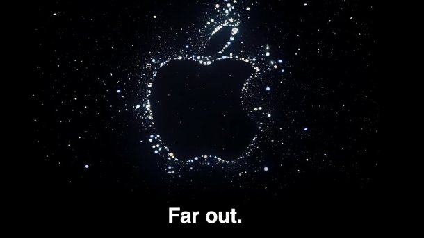 Weiß umrissenes schwarzes Apple-Logo auf schwarzem Hintergrund, darunter die Worte "Far out."