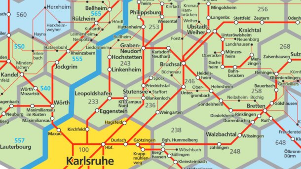 Landkarte mit Waben eines Verkehrsverbunds in der Region Karlsruhe