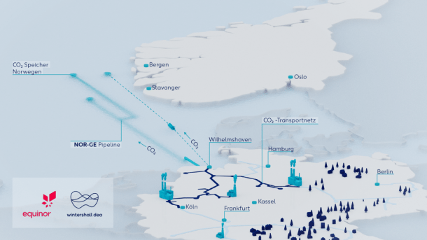 Karte von Norwegen und Deutschland mit der CO2-Pipeline