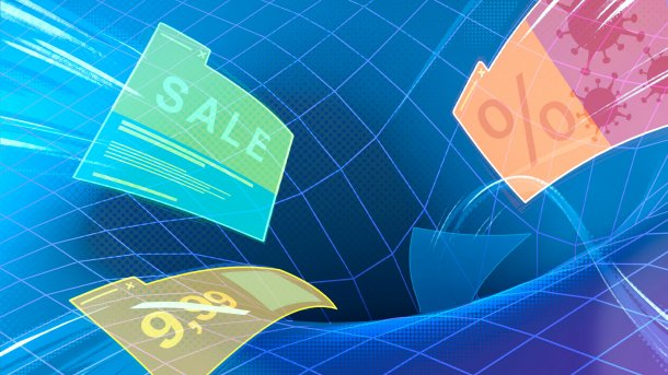 Reklameschilder für Rabatte, Preise und Verkaufsaktionen rauschen in einen Abfluss