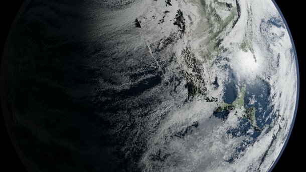 Die Darstellung simuliert die globale Wolkenbildung mit einer Auflösung von 1,25 Kilometern pro Pixel. Mit Exascale-Rechenkapazität ließe sich das Wettergeschehen weltweit in Echtzeit über Tage vorausberechnen., Deutsches Klimarechenzentrum