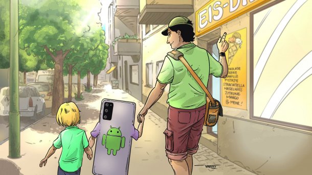 !!!Bild zeigt Vater und Kind, die mit einem Handy an der Hand spazieren gehen!!!, Michael Vogt