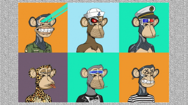 Sechs gezeichnete Porträts von "Affen" in diversen Kostümen