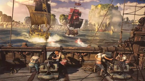 Spielszene: Insel, mehrere Schiffe, eines davon ein Piratenschiff
