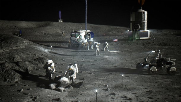 Die NASA will am Südpol des Mondes eine dauerhafte Mondstation errichten., Bilder: NASA