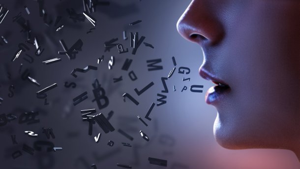 Künstlerische Darstellung: Aus dem Mund eines Menschen fließen Buchstaben