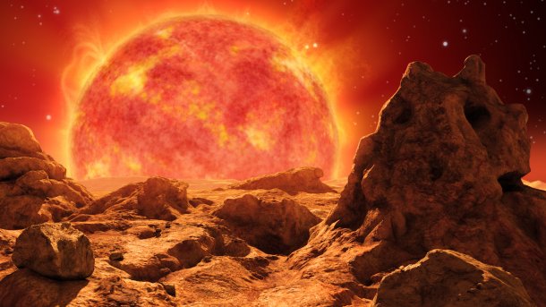 Red,Giant,Star,On,The,Horizon,Of,A,Desert,Planet.