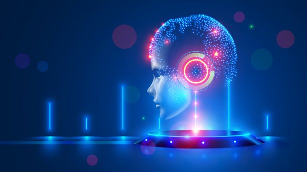 Artificial,Intelligence,With,Virtual,Hanging,Head,On,Podium.,Global,World