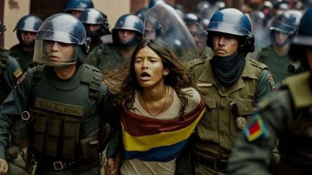 KI-generiertes Bild einer von Sicherheitskräften abgeführten Frau in Kolumbien