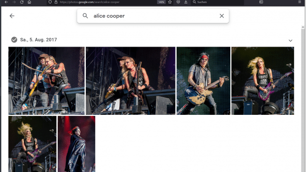 Screenshot von Google Photos mit der Abfrage nach der Band "Alice Cooper" - das System findet alle Bilder.