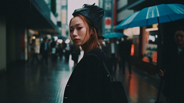 Aufmacherbild links: Ein von der Midjourney-KI errechnetes Bild. Die Eingabe (der sog. Prompt) lautete: "street style photo of a young woman, walking through Tokyo in the rain, wearing a black dress, shot on Modern Polaroid Film --ar 16:9 --v 5"., Joerg Heidrich / Midjourney