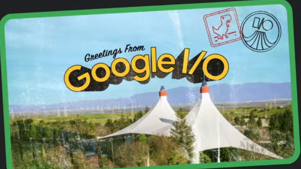 Text: "Greetings from Google I/O" Luftaufnahme zweier riesiger Zelte in einem Park
