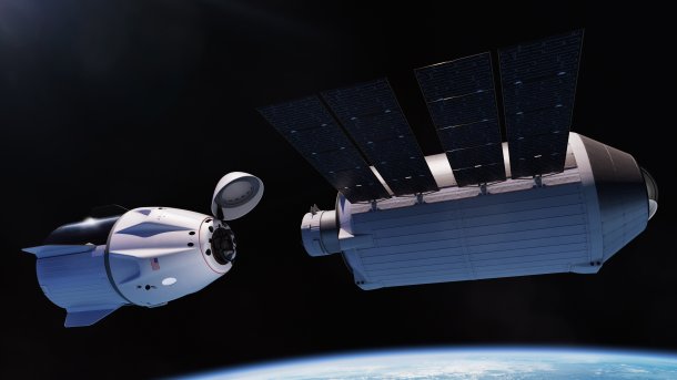 Raumkapsel Dragon von SpaceX im Orbit an einer kleinen Raumstation: Haven-1