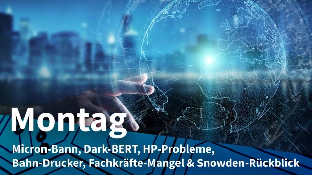 Symbolisiertes Darknet mit Finger & Weltkugel; Montag: Micron-Bann, Dark-BERT, HP-Probleme, Bahn-Drucker, Fachkräfte-Mangel & Snowden-Rückblick