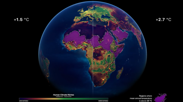 Weltkarte mit markierten Gebieten in Afrikae und Asien, in denen es 2100 zu heiß sein wird.