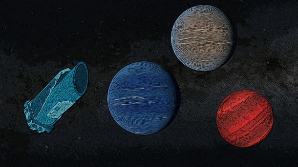 Künstlerische Darstellung des Instruments und dreier Exoplaneten