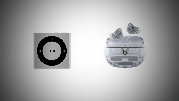 Links iPod shuffle, rechts die Beats Studio Buds