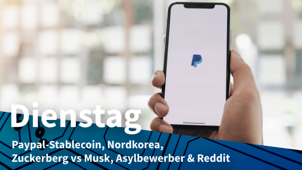 Smartphone mit Paypal-Logo in einer Hand, dazu Text: DIENSTAG Paypal-Stablecoin, Nordkorea, Zuckerberg vs Musk, Asylbewerber & Reddit