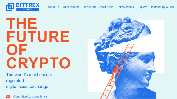 Screenshot der Bittrex-Webseite: "THE FUTURE OF CRYPTO" und "Committed to Compliance" steht da unter anderem zu lesen