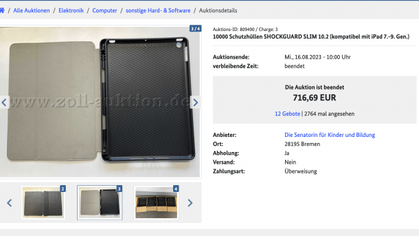 Die Auktionsseite mit den iPad-Hüllen