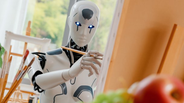 Roboter mit Pinsel vor Leinwand, der Betrachter anguckt