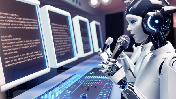 Ein weiblich anmutender Roboter sitzt vor einem Mischpult mit Bildschirmen und singt oder spricht in ein Mikrofon