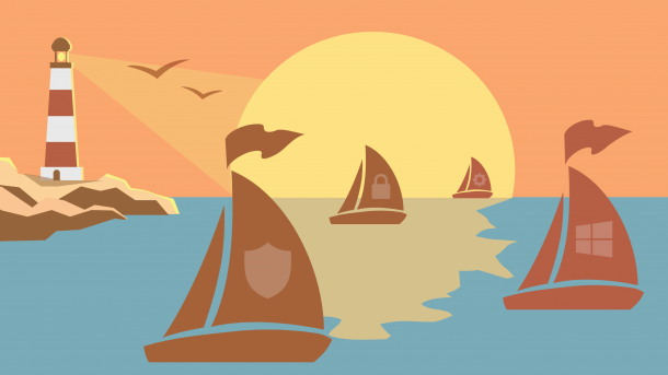 Zeichnung von Schiffen auf See, im Hintergrund der Sonnenuntergang und links ein Leuchtturm