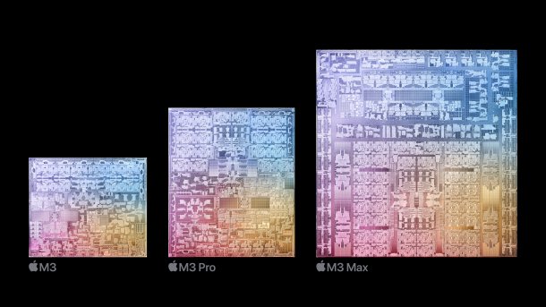 Schematische Darstellungen des M3, M3 Pro und M3 Max.​