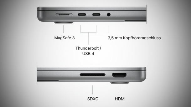 MacBook Pro M3 mit Anschlüssen