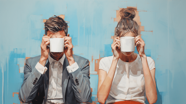 Zwei Menschen mit Tassen vor dem Kopf