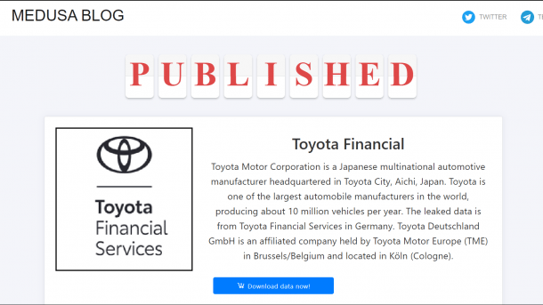 Hinweisseite zur Veröffentlichung von Daten der Toyota Financial Services der Ransomware-Gruppe Medusa