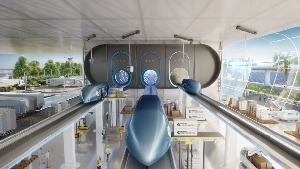 Hyperloop als Frachttransporter in futuristischer Umgebung