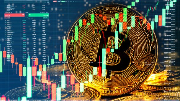 Bitcoin-Münze und Kurskurve
