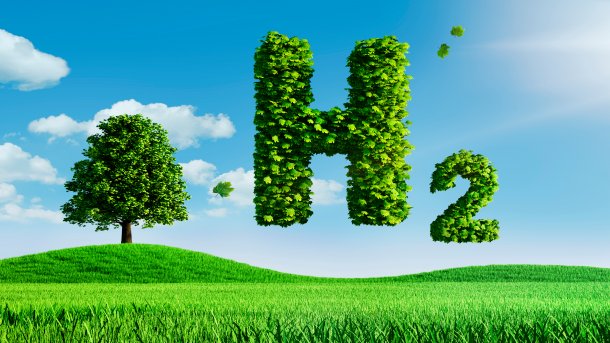 Symbolbild Wasserstoff: Wiese, Baum, Himmel; am blauen Himmel schwebt "H2" in grün