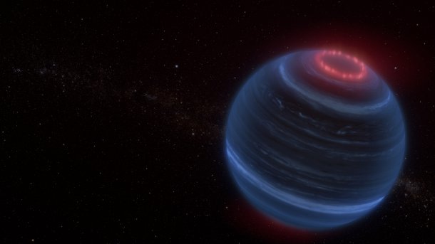 Blau gestreifter Himmelskörper mit rotem Polarlicht