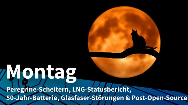 Katze sitzt auf einem Ast im Mondschein; Montag: Peregrine-Scheitern, LNG-Statusbericht, 50-Jahr-Batterie, Glasfaser-Störungen & Post-Open-Source