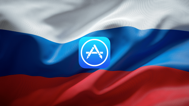Russische Fahne mit einem App-Store-Icon in der Mitte