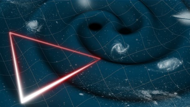 Darstellung von Gravitationswellen und einem roten Laserdreieck