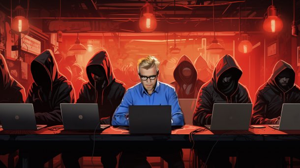 Ein offenbar harmloser Programmierer sitzt an einem schummrigen Tisch mit zahlreichen Hackern in Kaputzenpullis.
