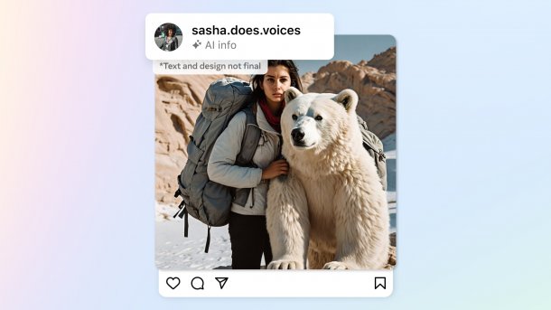 Screenshot: Eine Frau posiert mit einem Eisbären für ein Foto; darüber steht ihr Username und der Schriftzug "AI Info"