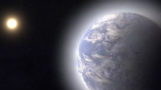 Ein Exoplaneten und im Hintergrund sein Stern