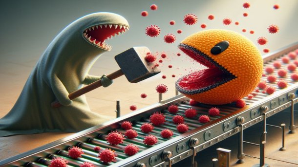 Ein Monster hämmert auf einen Virenscanner in Pacman-Form, der Viren am laufenden Band frisst.