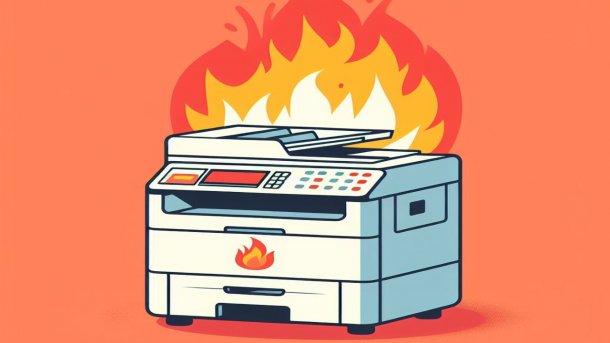 Stilisierte Grafik: ein brennender Netzwerkdrucker