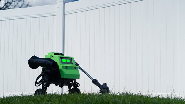 Das Bild zeigt den zweirädrigen Roboter Verdie, wie er Rasenkanten trimmt.