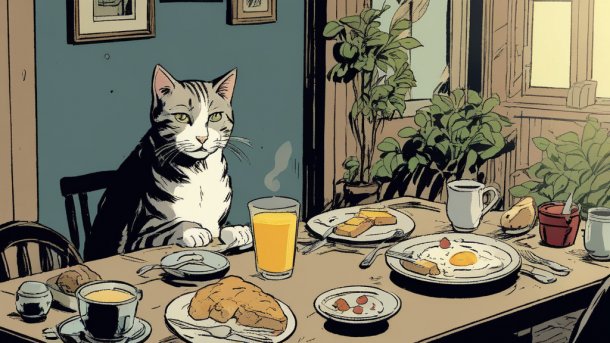 Comic: Katze sitzt am Frühstückstisch