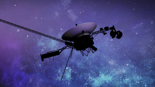 Voyager-Sonde vor blauem Sternenhimmel