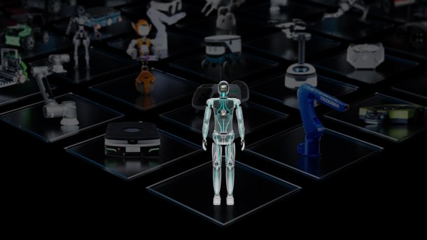 Ein stilisierter humanoider Roboter vor anderen Robotern.